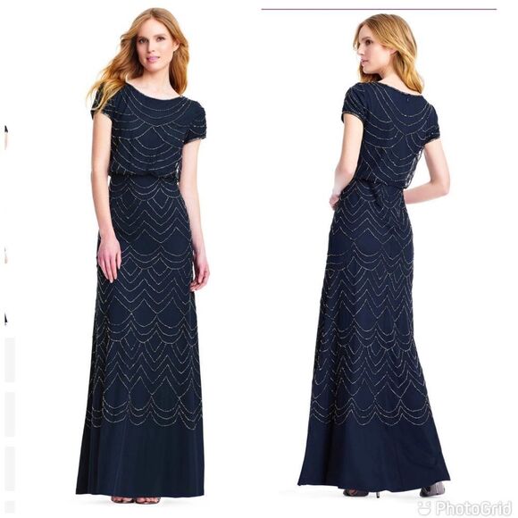 New Adrianna Papell Bridesmaid Style Short Sleeve Blouson Beaded Gown - Picture 1 of 16